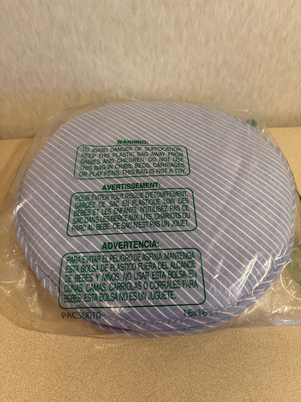 Round Chair Pad Seat Cushion 13 in White Waffle Top Blue Pinstripe Back